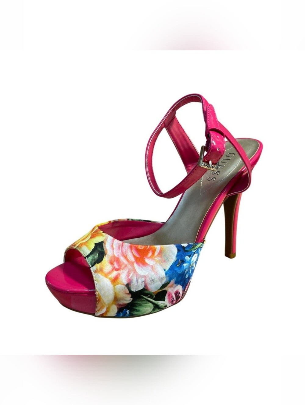 Guess Pink Floral Platform Ankle-Strap Heel